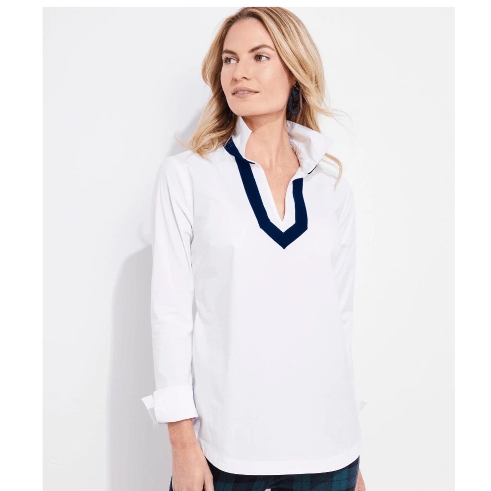 Vineyard Vines Womens White Cotton Popover Blouse Navy Velvet Trim Size S